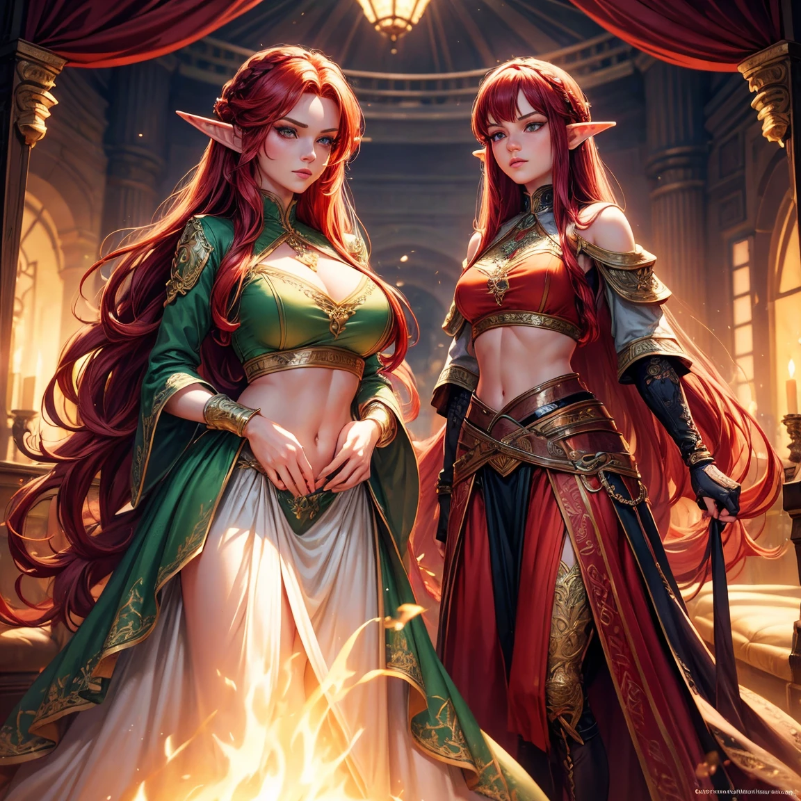 a woman, 1girl, elf, redhead long hair, breasts, long pointed ears, bright green eyes!!!, serious face, sexy red crop top, deep neckline, sexy red skirt, fire magic, full body, full body, tent, very sexy body, detailed face, beautiful detailed eyes, beautiful detailed lips, extremely detailed eyes and face, long eyelashes, detailed clothing, intricate details, highly detailed, photo realistic, 8k, best quality, masterpiece, cinematic lighting, dramatic lighting, vibrant colors, fantasy, digital art, concept art