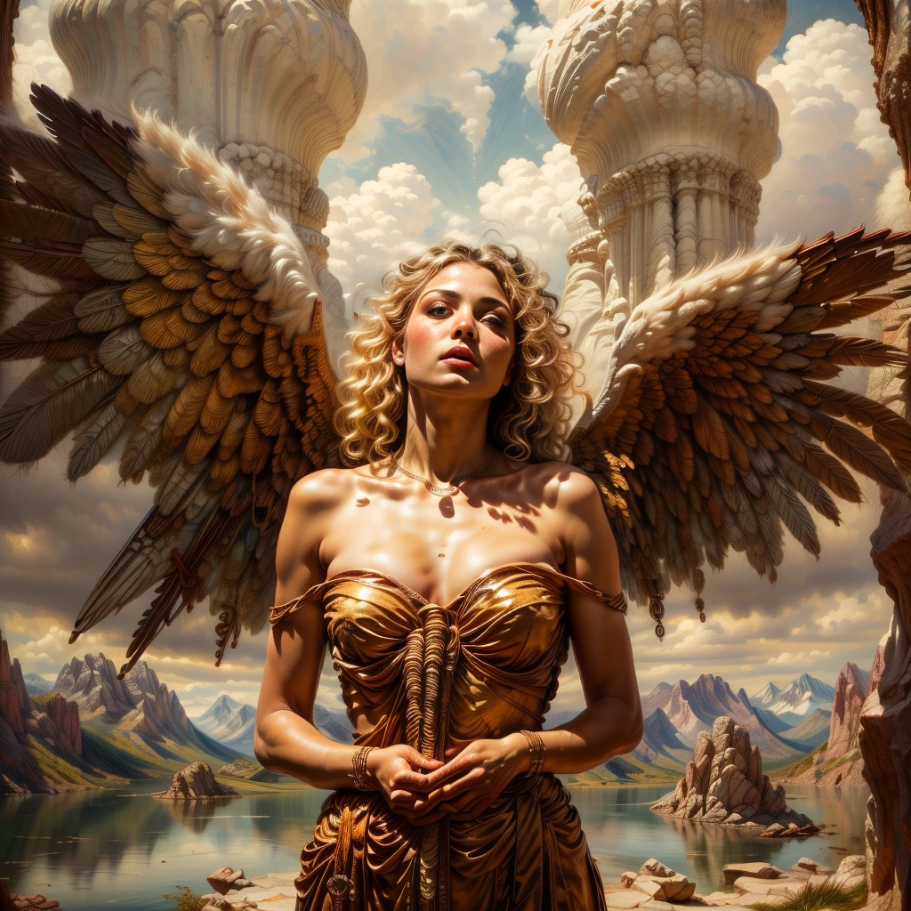 (Bust:1.5), divinely glowing angel halo_ one highly detailed and beautiful angel,(Center of angel's body_Symmetrical_White color_Delicately detailed angel wings:1.5),Exquisite and detailed facial features,(Beautiful blonde curly hair:1.4),Highly detailed face and hair,Long eyelashes,Beautifully detailed eyes,Beautifully detailed lips,Flowing white_elegant dress,Glowing aura,Stunning landscape of heavenly scenery,Rolling hills,Lush meadows and sparkling lake,(Highest quality,4k,8k,High resolution,Masterpiece:1.2),Ultra detailed,(Realistic,Photorealistic,Photorealistic:1.37),HDR,UHD,Studio lighting,Ultra fine painting,Sharp focus,Physically based rendering,Extreme detail description,Professional,Vivid colors,Bokeh,Scenery,Peaceful,Idyllic,Golden hour lighting,Dramatic sky,Fluffy clouds,Reflecting lake,Vibrant greenery,Wildflowers,Ancient castle,Medieval architecture