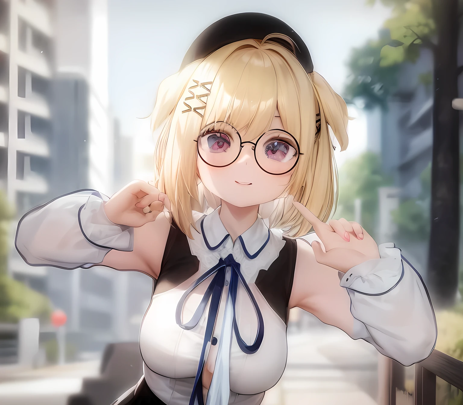 blonde anime girl in a short black skirt and white shirt with blue eyes, wearing round glasses, have a cute brown dog ears, cute smile, look at camera, render of a cute 3d anime girl, anime styled 3d, hanayamata, small curvy , realistic anime 3 d style, 3d anime girl, anime moe artstyle, vrchat, , anime style. 8k, stylized anime, render of april, shikamimi, at a park