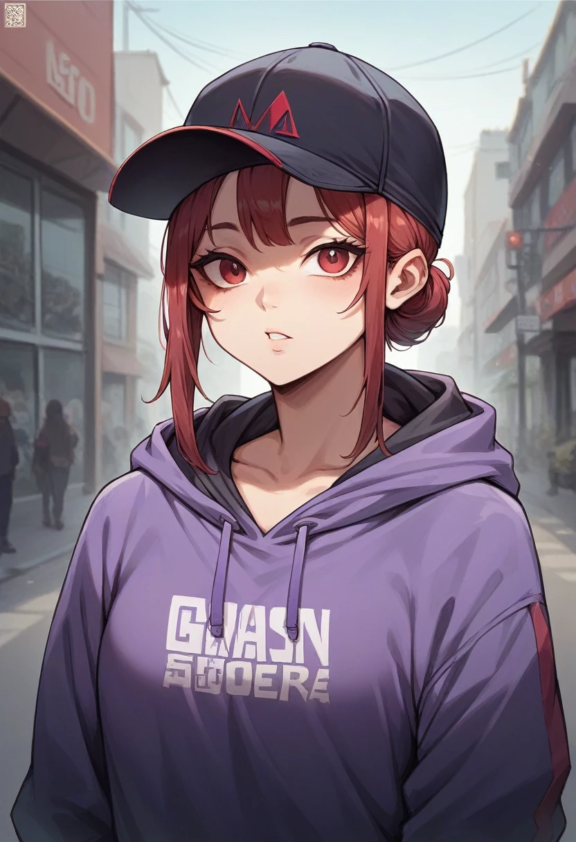A beautiful Korean woman, wearing a purple hoodie,it says IM ARMY maroon ombre hair, wearing a black baseball cap with the BTS logo on it,was standing in front of the building,Photo HD ,camera EOS