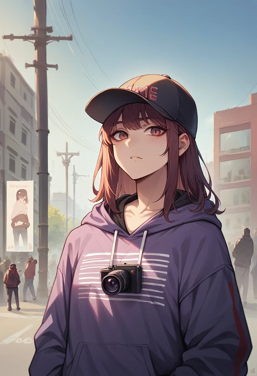 A beautiful Korean woman, wearing a purple hoodie,it says IM ARMY maroon ombre hair, wearing a black baseball cap with the BTS logo on it,was standing in front of the building,Photo HD ,camera EOS