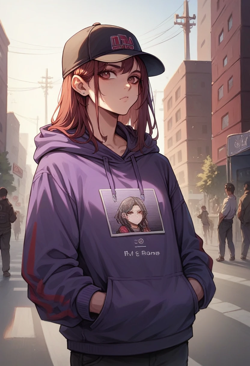 A beautiful Korean woman, wearing a purple hoodie,it says IM ARMY maroon ombre hair, wearing a black baseball cap with the BTS logo on it,was standing in front of the building,Photo HD ,camera EOS