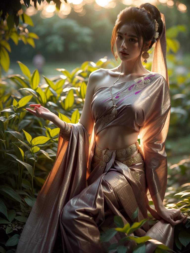 A woman is captured in a sensual pose in a lush garden at dusk. She's wearing a provocative Indian sari, and her pose exudes a mysterious allure. The lighting is soft and warm, creating a dreamy atmosphere. (solo), (sensual pose: 1.4), (Indian sari: 1.5), (lush garden: 1.3), (dusk: 1.3), (mysterious allure: 1.5), (soft warm lighting: 1.4).
