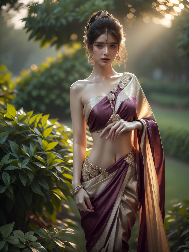 A woman is captured in a sensual pose in a lush garden at dusk. She's wearing a provocative Indian sari, and her pose exudes a mysterious allure. The lighting is soft and warm, creating a dreamy atmosphere. (solo), (sensual pose: 1.4), (Indian sari: 1.5), (lush garden: 1.3), (dusk: 1.3), (mysterious allure: 1.5), (soft warm lighting: 1.4).