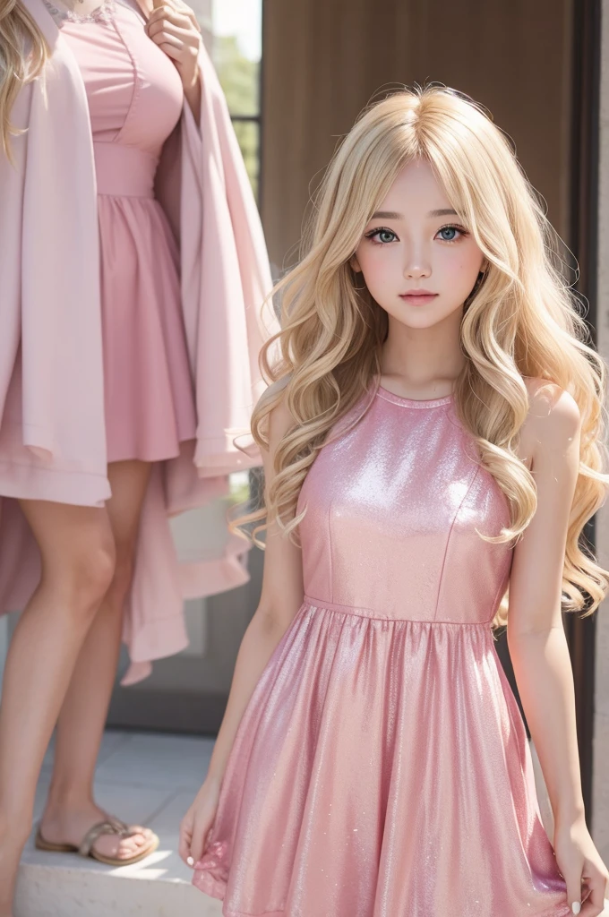 Blonde girl with wavy hair and hazel eyes wearing a pink sparkling dress 