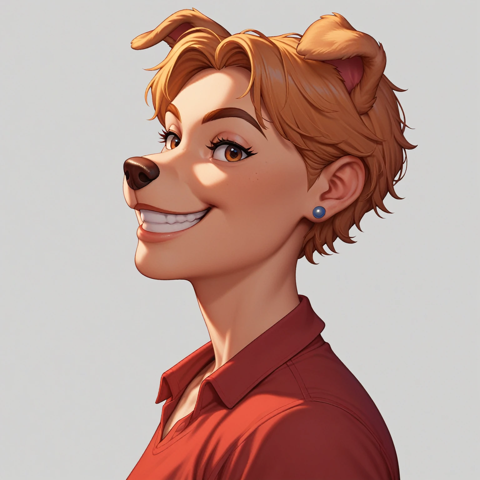 dog alone, standing in a red shirt, olhos amendoados, smiling, White background, Disney pixel style, high qualiy