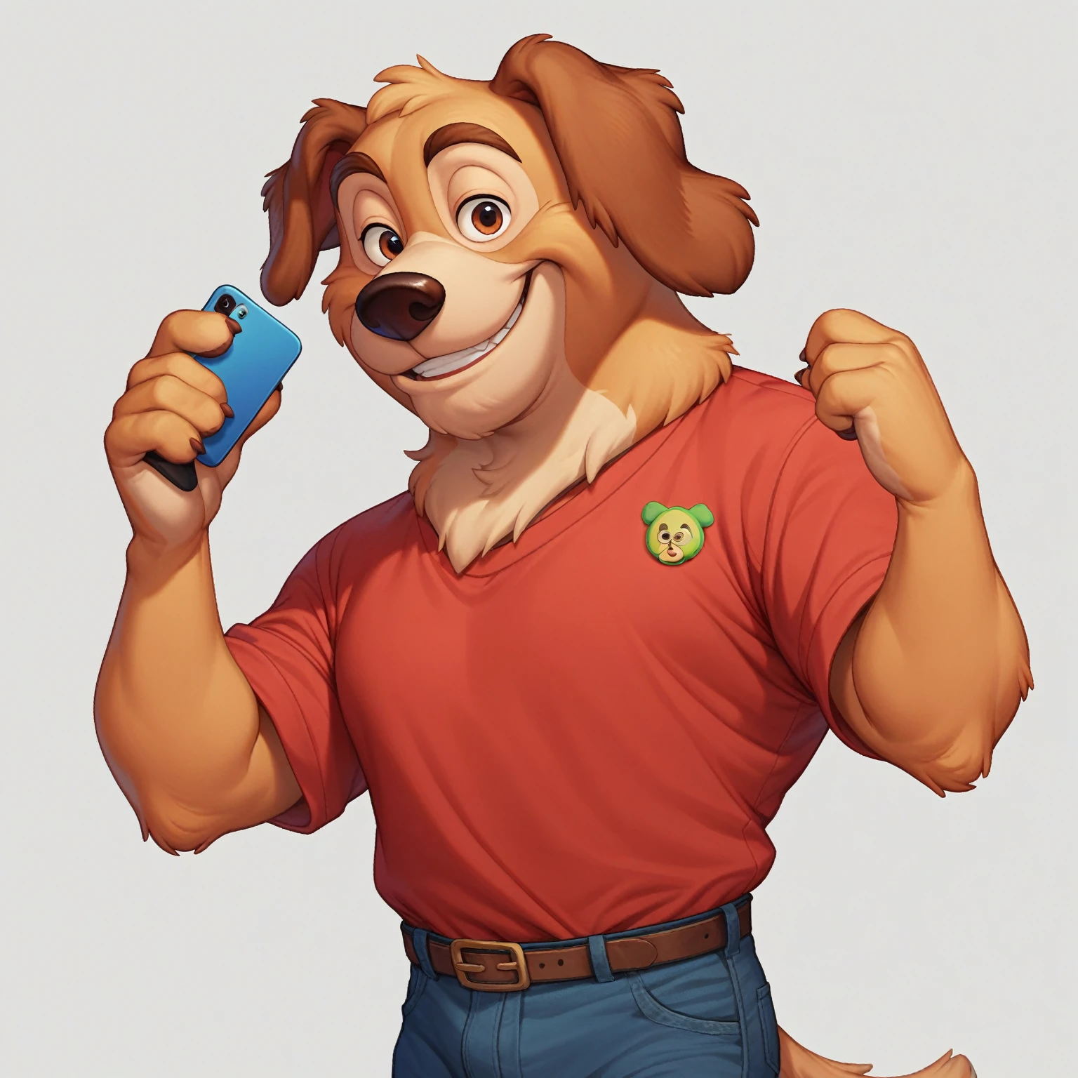dog alone, standing in a red shirt, olhos amendoados, smiling, White background, Disney pixel style, high qualiy