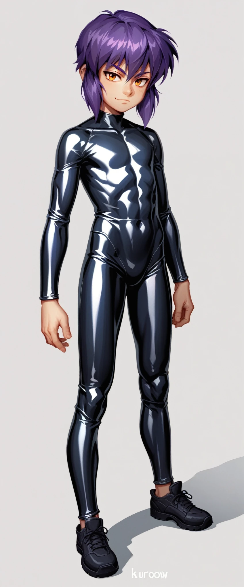((((By masamune shirow)))), ((ghost in the shell:0.9)), ((motoko Kusanagi)), solo, 1boy, shota, young boy, digitally drawn art, boy, (((shiny, semi-realistic detailed therm-optic latex suit))) anime styled, male anime character, character art, full body single character