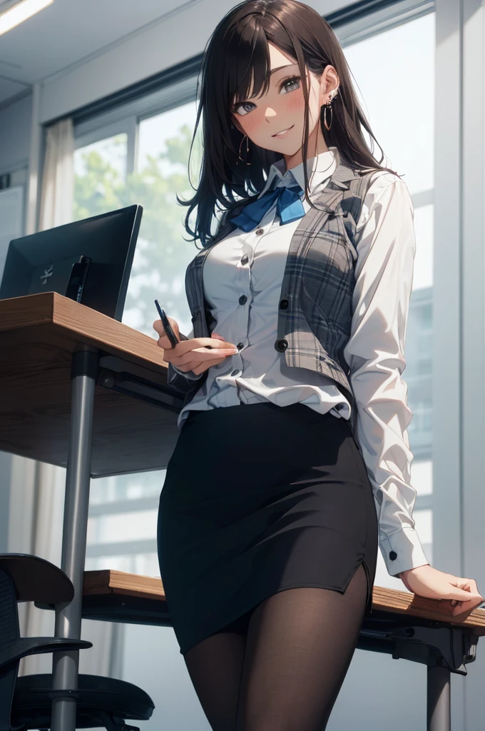 ((((1ladyl,))))  (masterpiece), (realistic), (best quality), (ultra-detailed),  amazing 30 years old wife,  pantyshot, long brown hair, office lady, Wearing a pink plaid vest, White short sleeved shirt, Gray pencil skirt, Wear stiletto heels, Necklace, earrings,  Cute face, Smile, Blushing, Shyness, Glass wall, Ultra Detail, Realistic, Front view, Whole body, (wearing in [[white and gray check pattern]] Vest worn over white collared long-sleeved shirt:1.4), (gray vest with buttons:1.2), (Pink Theme:1.2), (blue ribbon ribbon:1.3), (Black theme:1.4), (Tight black pencil skirt:1.5), ((Brown pantyhose)), (high-heels:1.1),longskirt,office desk, office chair,Lulubre Unity 8K Wallpaper, Beautiful background, clearly, Best Quality, The highest resolution, Best aesthetic,extremely detailed CG unity 8k,