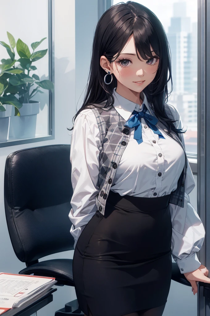 ((((1ladyl,))))  (masterpiece), (realistic), (best quality), (ultra-detailed),  amazing 30 years old wife,  pantyshot, long brown hair, office lady, Wearing a pink plaid vest, White short sleeved shirt, Gray pencil skirt, Wear stiletto heels, Necklace, earrings,  Cute face, Smile, Blushing, Shyness, Glass wall, Ultra Detail, Realistic, Front view, Whole body, (wearing in [[white and gray check pattern]] Vest worn over white collared long-sleeved shirt:1.4), (gray vest with buttons:1.2), (Pink Theme:1.2), (blue ribbon ribbon:1.3), (Black theme:1.4), (Tight black pencil skirt:1.5), ((Brown pantyhose)), (high-heels:1.1),longskirt,office desk, office chair,Lulubre Unity 8K Wallpaper, Beautiful background, clearly, Best Quality, The highest resolution, Best aesthetic,extremely detailed CG unity 8k,