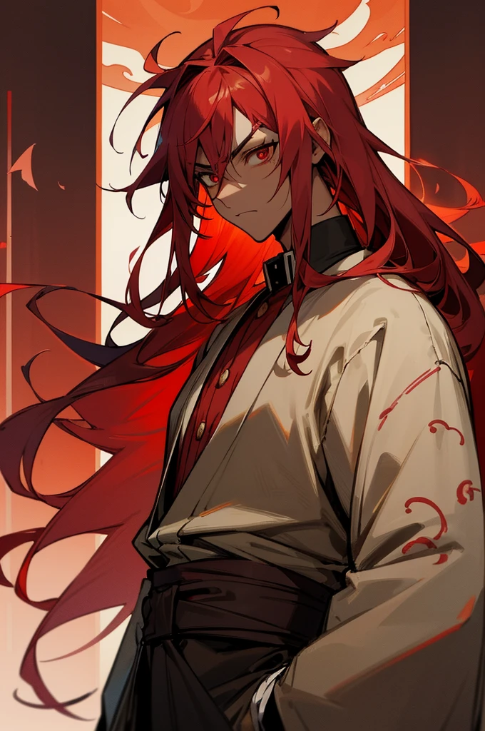 the anime, (Best Quality), 1guy, stands still, (Wide body), (jalapeños in the background), ((messy red hair)), long hair,, ((Impassive red eyes)), japanese clothes, Open red coat ((red with jalapenos patterns)), ((hem at the waist)), The Art of the Demon Slayer, demon slayer artstyle, kimetsu no yaiba, mature male, muscular, upper body, perfect red eyes, dark skin, he is african American, black, dark skinned