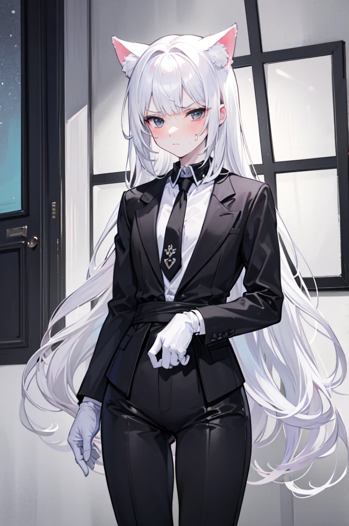 A 18-year-old boy, white and tender skin, cute, wearing white long-sleeved shirt, black jacket and black work tie, black trousers, black booties, white gloves, collar, white hair,wear cat ears, black eyes, thin waist, thin legs, handsome, disdainful and indifferent expression, shy, blush a lot, afraid, sweating, tired, pornography, Pornographic action