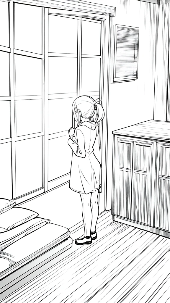 line art drawing of anime girl with her back to the distance, overhead shot looking at a nightstand