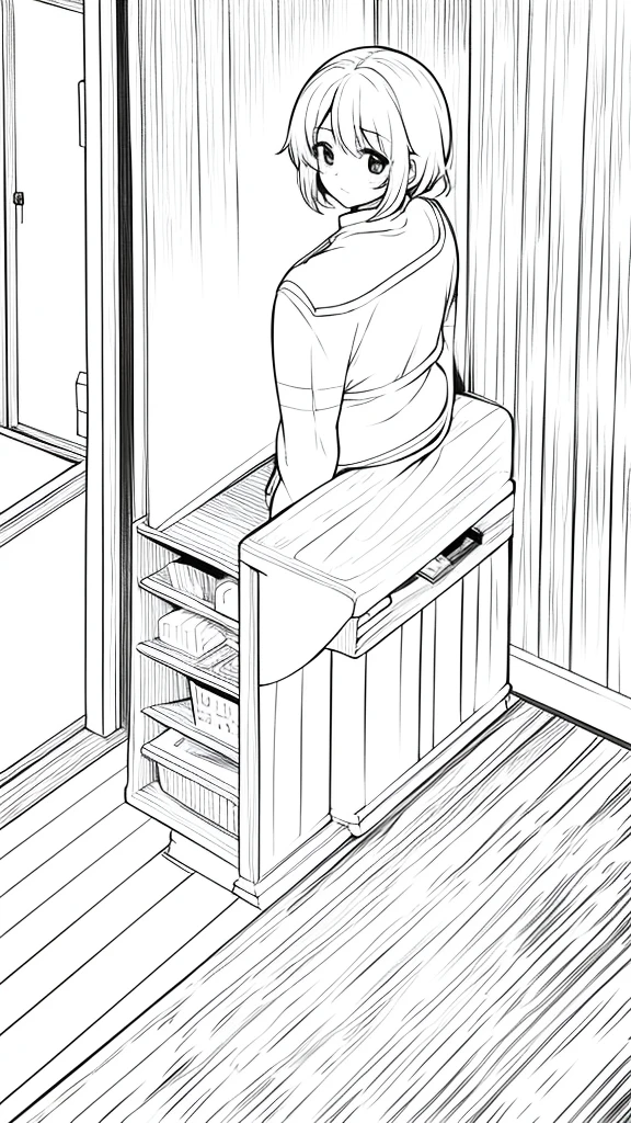 line art drawing of anime girl with her back to the distance, overhead shot looking at a nightstand