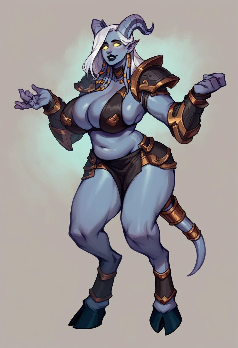 score_9, score_8_up, score_7_up, Expressiveh, ultra detailed,best quality,ultra-detailed,realistic,draenei, glowing eyes, colored sclera, tail ornament, hooves, pale gray skin, yellow eyes, white hair,huge tit, curvy, oily skin, shiny skin, black lipstick, standing,simple background