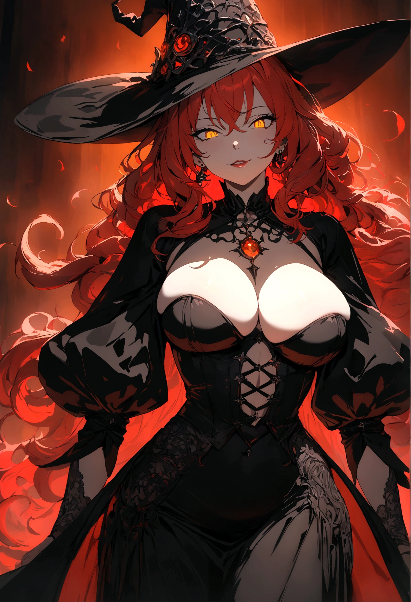 a volumptuous woman with long red hair, wearing a witch hat and alluring witch clothes, with an evil and seductive smile, piercing yellow eyes,(best quality,4k,8k,highres,masterpiece:1.2),anime,intricate details,dramatic lighting,dark fantasy,dark magic,mystical atmosphere,gothic