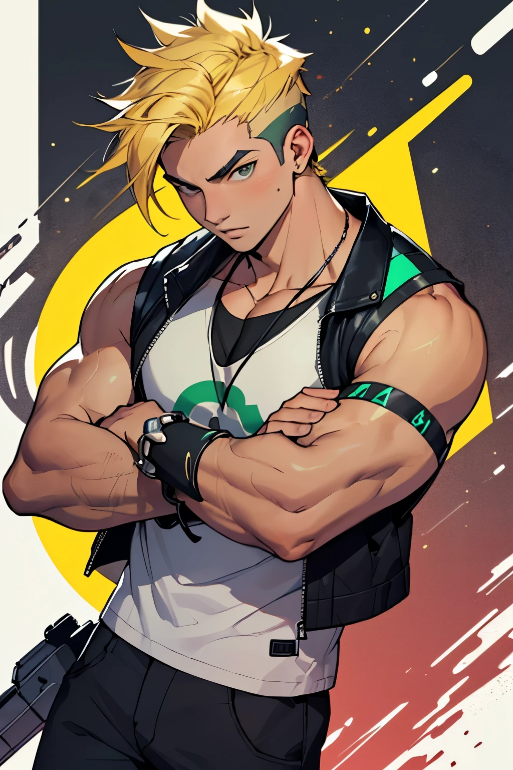 A 17 year old teenager had blonde hair with blue highlights messy like a beast rocker style with a dark green tank top with the large autobot symbol on the chest he had a black sleeveless jacket on his arms he had spiked bracelets he had pants like Ben 10's only this one is greenish gray and he wore black military style boots
