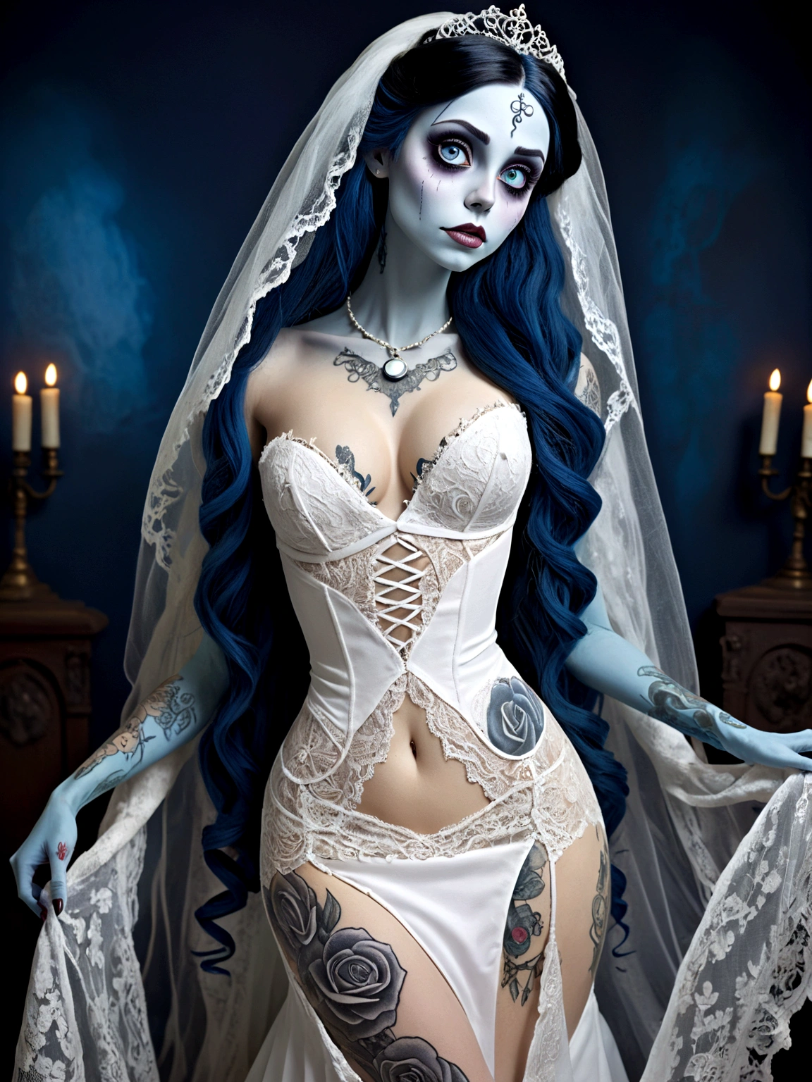 Create a hyper detailed photograph of a corpse bride tattooed young sexy Emily the Corpse Bride, Stunningly perfect gorgeous face, perfect makeup, detailed vibrant eyes, long hair, beautiful perfect, perfect beautiful perfect arms, realistic torso, Emily corpse bride detailed  skin, big breast, perfect round ass, corpse bride sexy seductive white lace lingerie dress, back to camera looking forward,