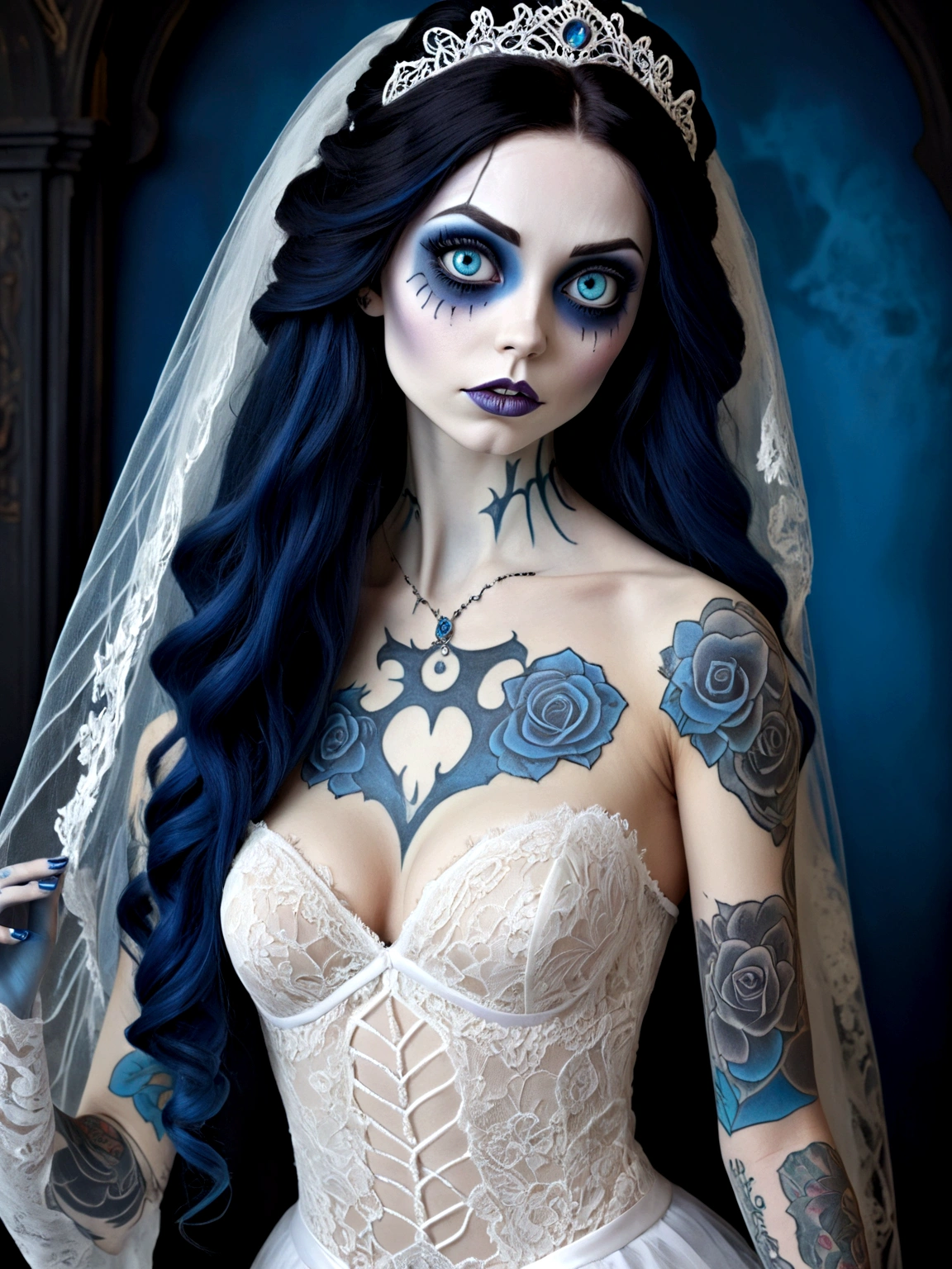 Create a hyper detailed photograph of a corpse bride tattooed young sexy Emily the Corpse Bride, Stunningly perfect gorgeous face, perfect makeup, detailed vibrant eyes, long hair, beautiful perfect, perfect beautiful perfect arms, realistic torso, Emily corpse bride detailed  skin, big breast, perfect round ass, corpse bride sexy seductive white lace lingerie dress, back to camera looking forward,