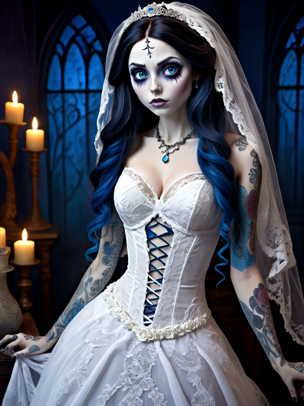 Create a hyper detailed photograph of a corpse bride tattooed young sexy Emily the Corpse Bride, Stunningly perfect gorgeous face, perfect makeup, detailed vibrant eyes, long hair, beautiful perfect, perfect beautiful perfect arms, realistic torso, Emily corpse bride detailed  skin, big breast, perfect round ass, corpse bride sexy seductive white lace lingerie dress, back to camera looking forward,