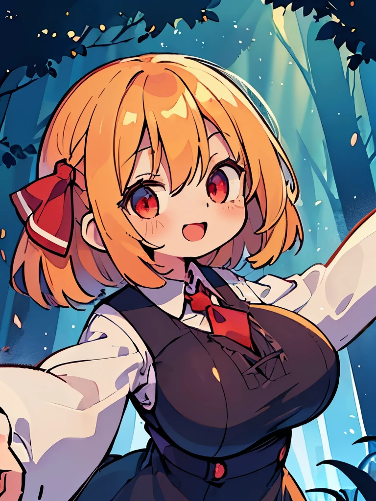 (Highest quality:1.5), (masterpiece::1.3),(Much bigger than your head、Illustration of a girl with huge breasts:1.9),(Unrealistically huge breasts、It is exaggerated to be several times the size of the face.:1.7)(Rumia:2.0),(Night forest background:1.4),Mysterious night sky,(Loli body type:1.2),contrast, concept art, (One person), (Open Mouth:1.4),Impressive,(Wicked Smile:1.5),(upper body:1.3),(outstretched arms),(Condescending expression:1.5),(Scarlet Eyes:1.3),Overall dark tones,(Light on the chest:1.3),(Looking up),Red ribbon on head,