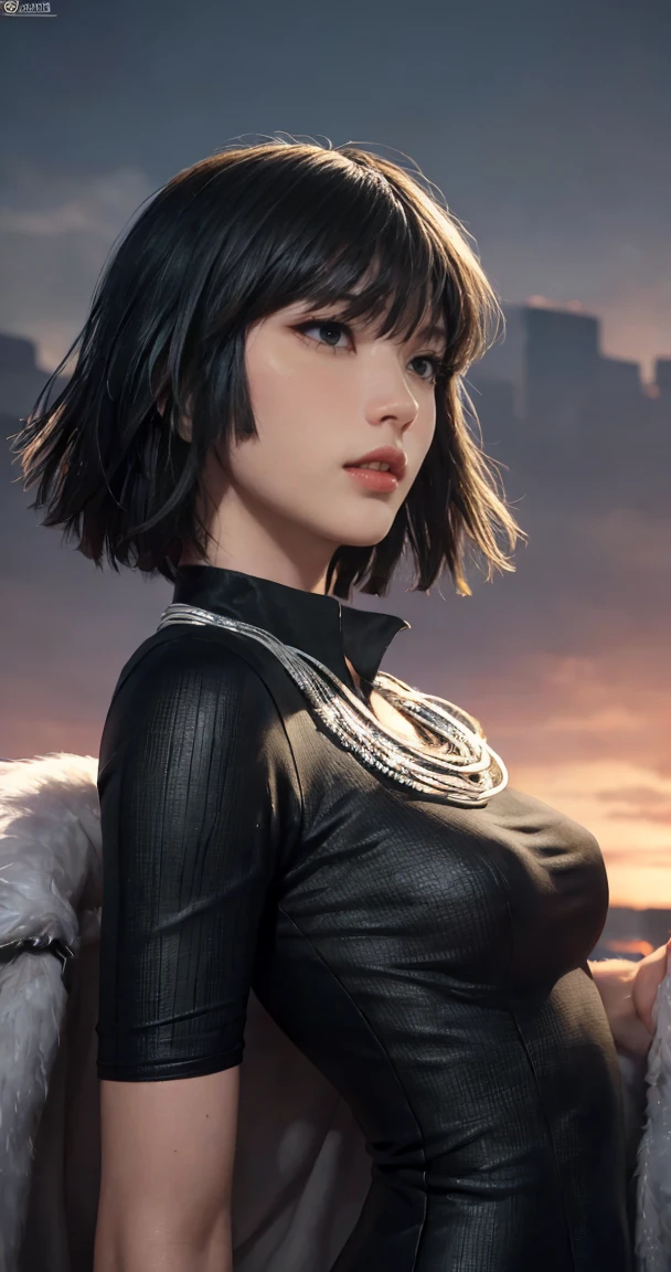 FUBUKI, (BLACK HAIR), Straight hair, TAUT CLOTHES, FUR COAT, JEWELRY, NECKLACE, long face, short hair, straight hair, (photorealistic:1.2), (masterpiece), best quality, (detailed face:1.4), raw photo, ultra realistic 8k, perfect artwork, (background violent tornado and storm :1.2),BREAK, photography,masterpiece,best quality,HDR,highres,realistic details,8K,HDR,highres,absurdres,1girl fly in the air, fubuki,expressionless, tiny breasts,masterpiece,ultra realistic,32k,extremely detailed CG unity 8k wallpaper, best quality, head to waist section composition.