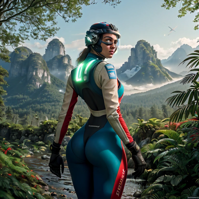 Masterpiece, highest quality, rear angle, Highly detailed photo of a (female race driver wearing a fully red suit, helmet, with tinted face shield, HANS Device, accentuated booty), athletic body, big ass, [wide hips], (preparing for a race), on Spa track, (mountains:1.1), (exotic rain forest), lush vibrant foliage in red, (moon in the sky:0.8), (hyperdetailed, intricately detailed), background by Jessica Rossier, (sci-fi racing), during the day, (lens flare:0.5), (bloom:0.6), particle effects, (cinematic lighting:1.1), sharp shadows, ambient light, [bioluminescente], raytracing, photographed on a Fujifilm X-S10 Mirrorless Camera, 25mm F2.8 ultra-wide-angle lens, sharp focus, Cinestill 800T, still frame from Rush 2013, 8k, HDR, from behind