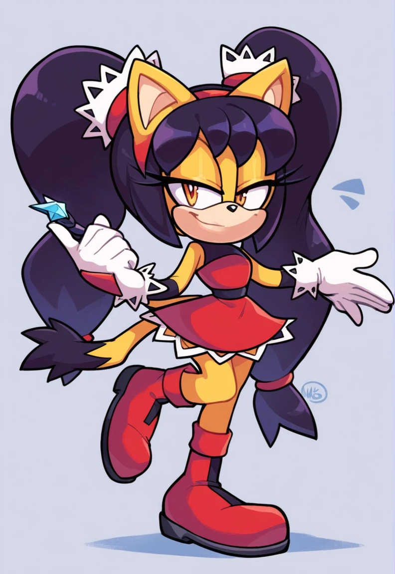score_9, score_8_up, 2D, flat color, a plain white background with nothing in it, looking at viewer, 1girl, very detailed, extremely detailed, honey the cat from the sonic the hedgehog series, standing, full body, wide hips, narrow waist, curvy, (red bikini), frilly hair ties, smile, half-closed eyes, smug smile