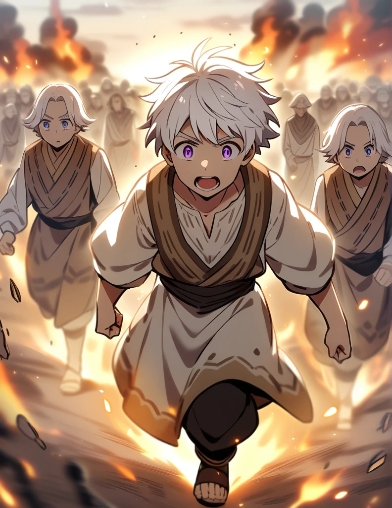 small Greek boy with white hair, violet eyes, wearing peasant clothes, desperate and running towards his burning village