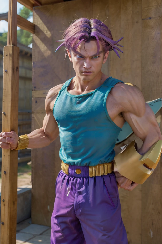 (masterpiece, best quality:1.2), cowboy shot, solo, male focus, 1boy, trunks \(dragon ball\), expressionless, closed mouth, looking at viewer, purple hair long, blue eyes,clotes purple leguing out in the background of a gym,(((sayan armor withe))),(((sayan armor))),(((super sayan trunks)))
