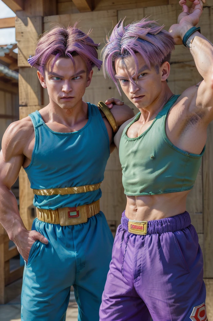 (masterpiece, best quality:1.2), cowboy shot, solo, male focus, 1boy, trunks \(dragon ball\), expressionless, closed mouth, looking at viewer, purple hair long, blue eyes,clotes purple leguing out in the background of a gym,(((sayan armor withe))),(((sayan armor))),(((super sayan trunks)))