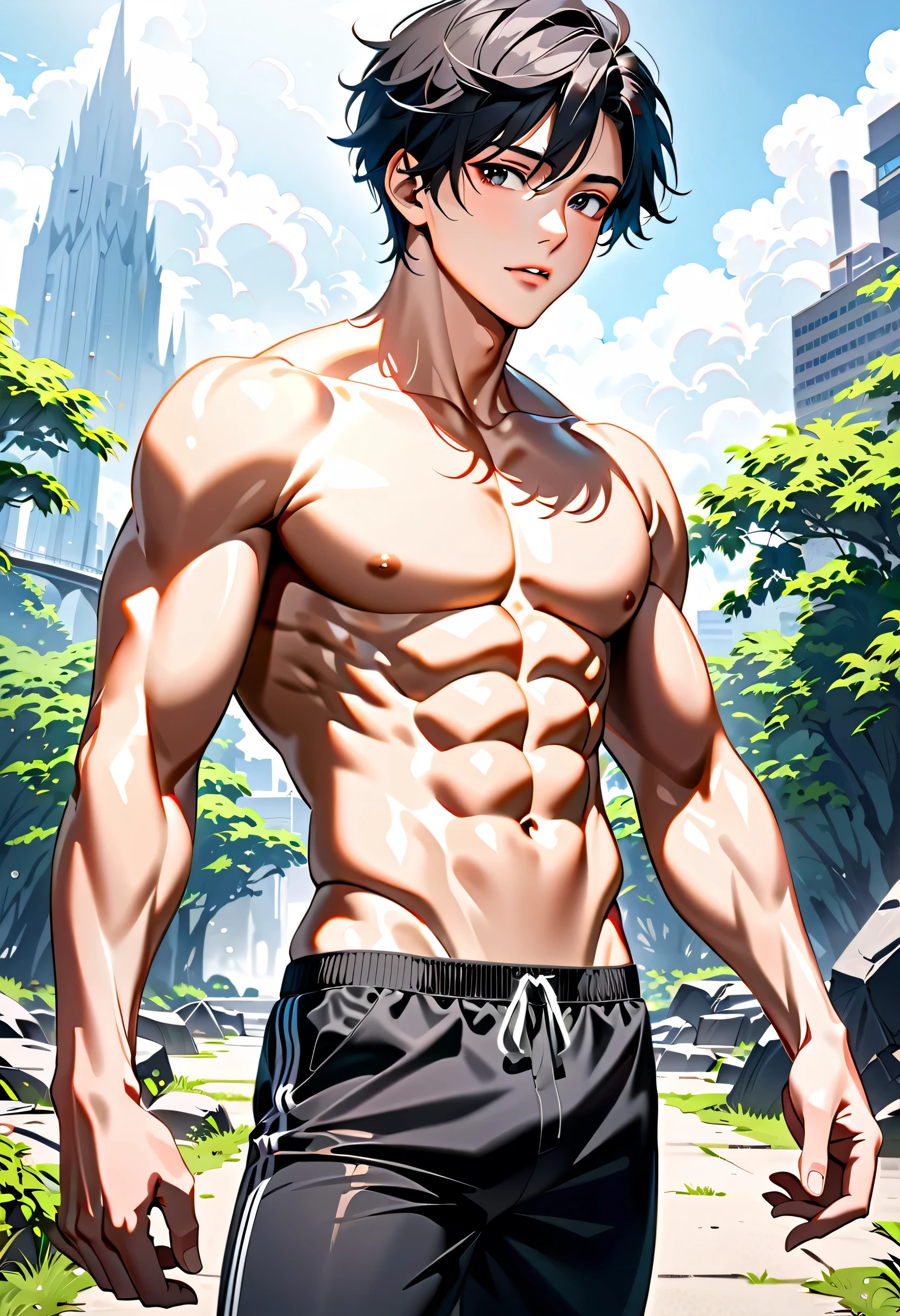 high quality, detailed, Realistic, (one japanese boy), (detailed black eyes), (abs:1.5), (shiny skin), detailed nipples, black short hair, (black tiny thong), (erected bulge), summer noon, (smile:0.7)