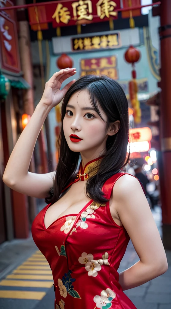 1 Girl ,(qipao dress),huge , Wide cleavage,(( role play)),((Chinatown)) , (Red lips), (Black medium length hair),((Looking at the camera)), high resolution,Very detailed, Casual pose, Looking at the camera,Raise your hands above your head、Composition from below