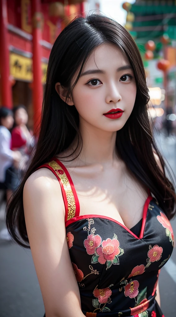 1 Girl ,(qipao dress),huge , Wide cleavage,(( role play)),((Chinatown)) , (Red lips), (Black medium length hair),((Looking at the camera)), high resolution,Very detailed, Casual pose, Looking at the camera,Raise your hands above your head、Composition from below