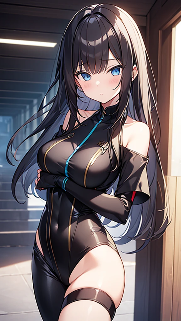 (Highly detailed CG Unity 8k wallpaper,masterpiece),(Best lighting, Best Shadow, Very delicate and beautiful),(One girl),blue eyes, Ample breasts, Black Hair,Red and black off-the-shoulder SF bodysuit,Neck Seal,High-tech sci-fi corridor, Dynamic pose, Detailed Machinery, Sleek design., {{An extraterrestrial lifeform preys on girls and takes their place}}, Unknown sensation, Feels good, Vigorous movement, more, instinct, Female fall, Shaking breasts, NSFW