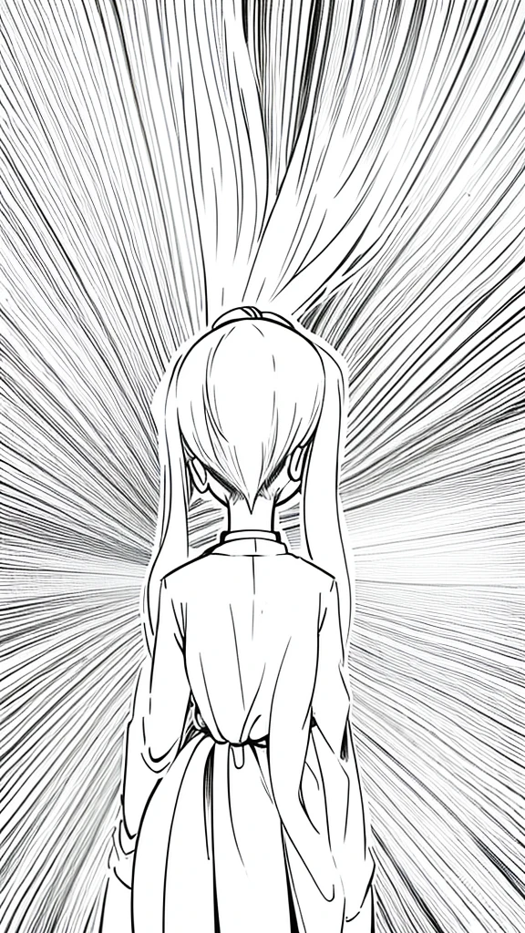 line art drawing of anime girl with her back to the distance, overhead shot from behind