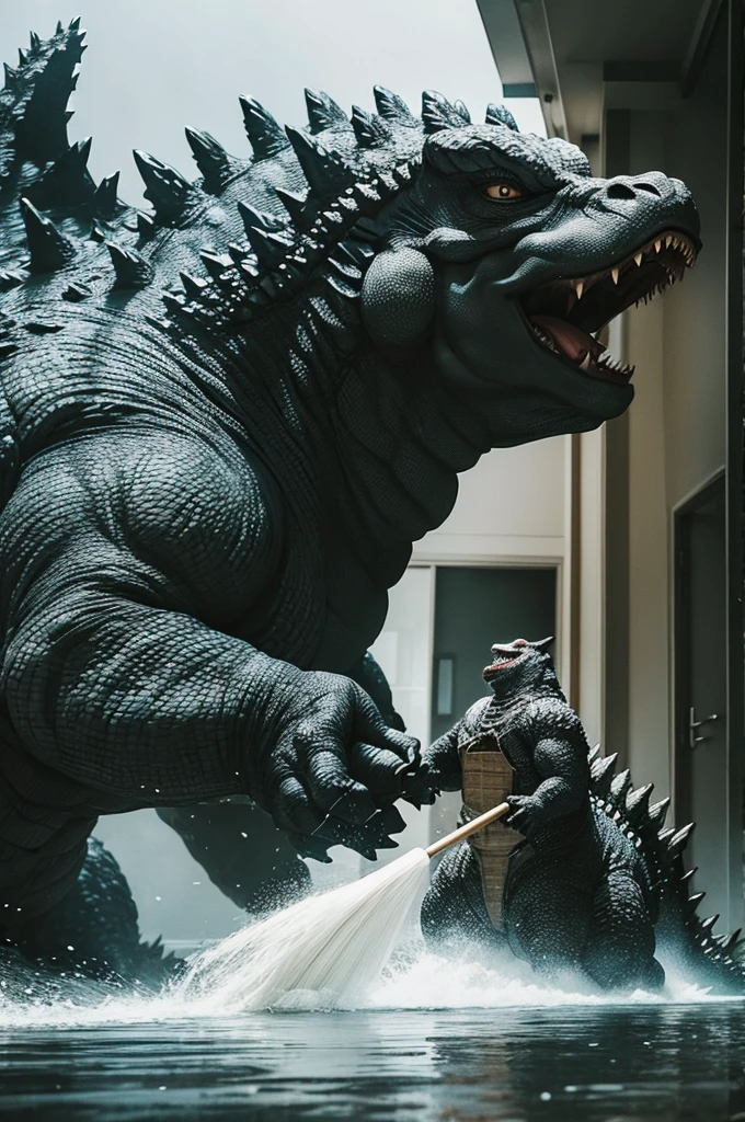 Godzilla in a maid outfit cleaning a house