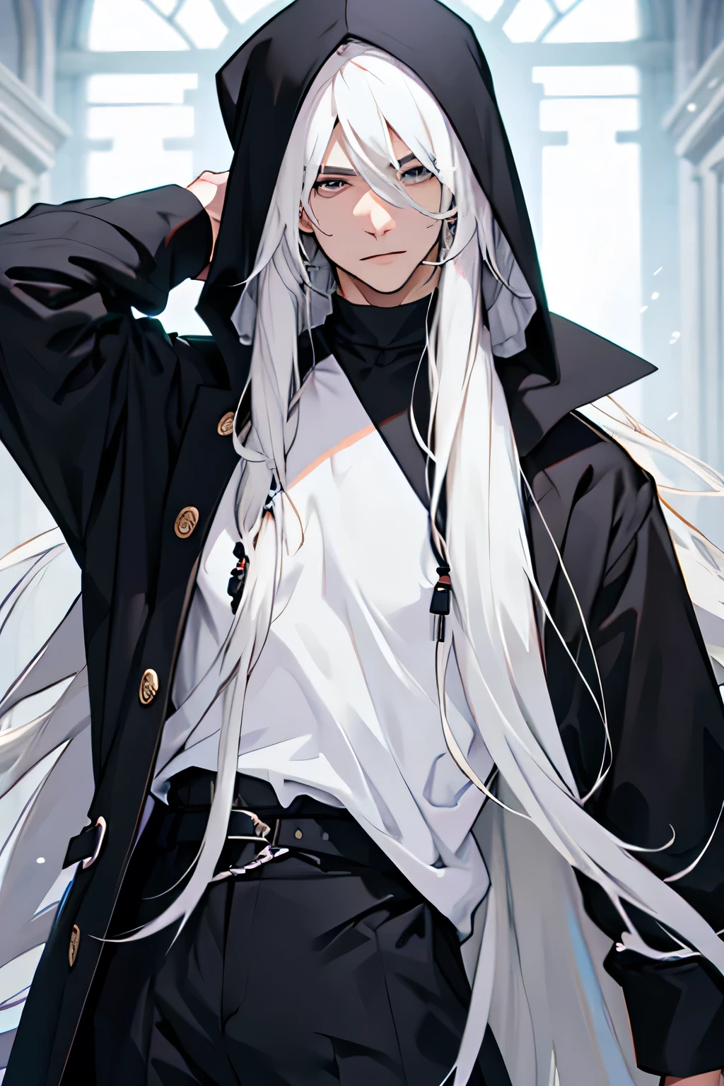 man with long white hair, wearing black clothes
