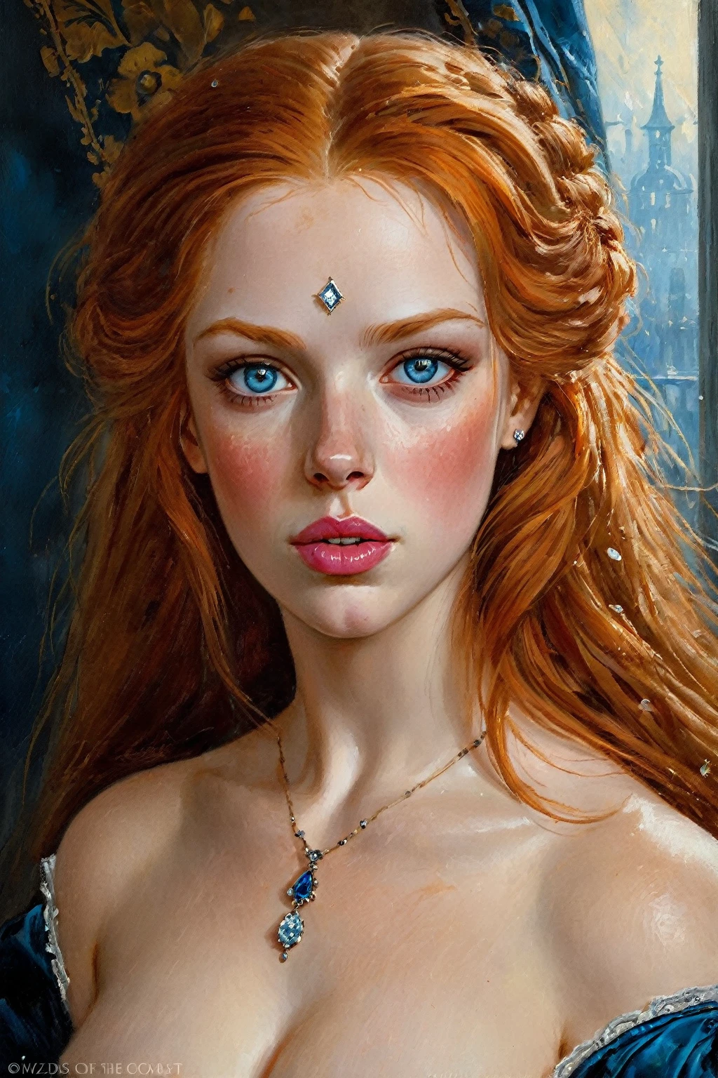 Victorian Hungarian women Women of the 18th century, very detailed Bright straight Ginger hair, Pink lips, very detailed Bright Diamond Blue eyes, detailed skin, Nice features, Wadim Kashin, James Gurney, ink, Splash Art, Amazing beauty, Royo, after sexing, Super detailed splash art modern European oil ink painting, Big Gorgeous chests, Gorgeous Body, oil painting, very detailed Brigth Hazel eyes, Blush, Greg Rutowski.