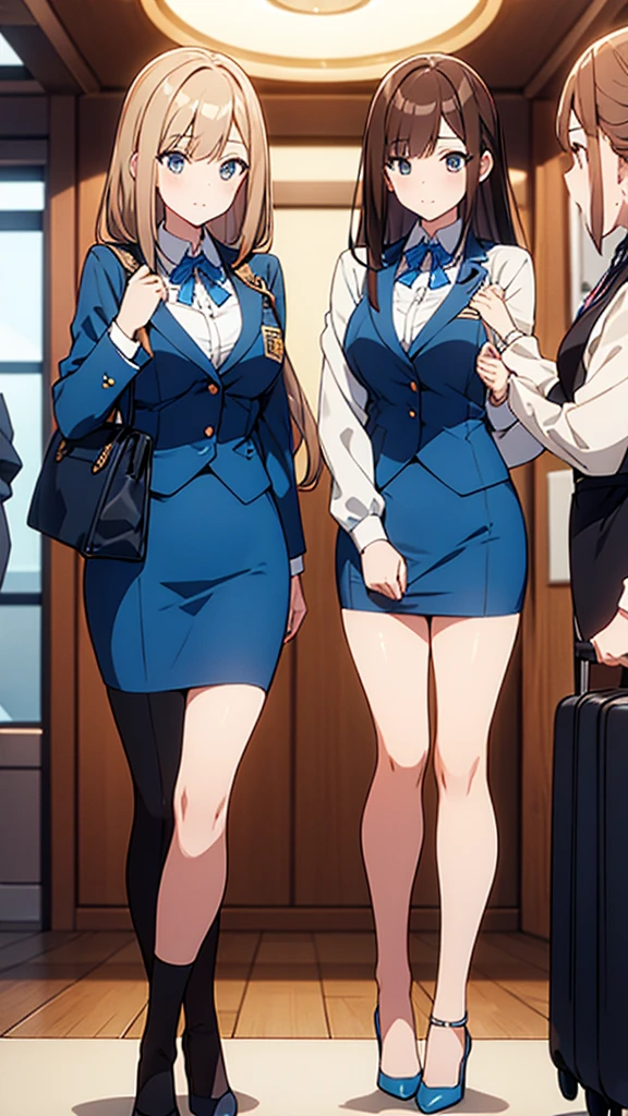 {{Mature Woman, White people}}, View your viewers, Hazel Eyes, Very detailed, Medium chest, Brown Hair, airport, flight attendant, uniform, Blue blazer, Blue tie, Blue Skirt, Midi Skirt, Pencil Skirt, Blue High Heels, Happy, 最high quality, high quality, Very detailed anime screencap, {{{{Crowded, Multiple Girls, Thousands of sisters, Millions of sisters,Billions of Sisters, clone, Doppelganger, Matching outfits, Matching hairstyle}}}}, whole body