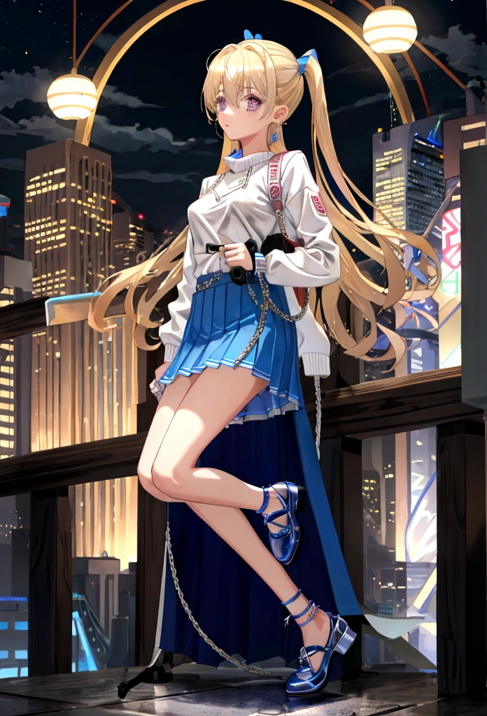 Eyecolor: Blue, Haircolor: Blond, Age: 15, Height: 165 cm, Weight: 59 kg, Skirt: blue left-open-side mini-skirt, Top: Light pink Sleeveless shirt, Jacket: Denim Jacket, Shoe's: White sneakers with pink accents, Watch: Apple Watch Ultra 2 (Wearing on Left Arm), clothes are all Designer clothes.