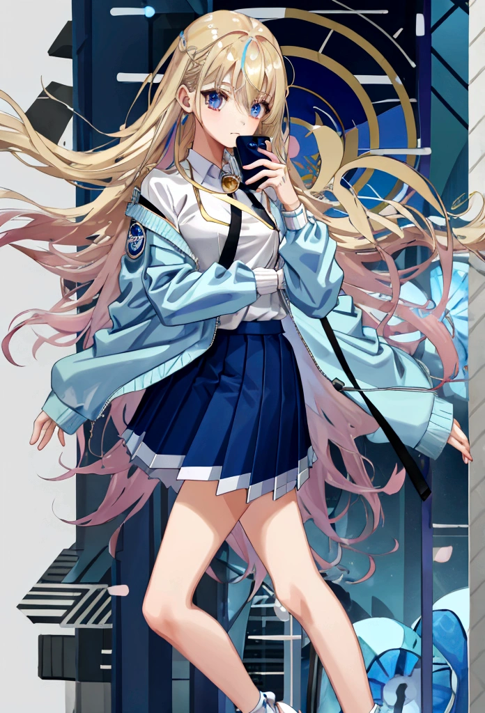 Eyecolor: Blue, Haircolor: Blond, Age: 15, Height: 165 cm, Weight: 59 kg, Skirt: blue left-open-side mini-skirt, Top: Light pink Sleeveless shirt, Jacket: Denim Jacket, Shoe's: White sneakers with pink accents, Watch: Apple Watch Ultra 2 (Wearing on Left Arm), clothes are all Designer clothes.