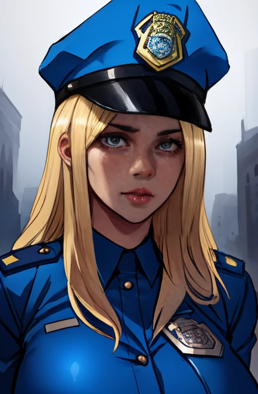 a beautiful girl with long blonde hair in a police officer costume, extremely detailed face and eyes, detailed facial features, detailed skin, flawless skin, beautiful lips, solo portrait, high quality, 8K, ultra-detailed, realistic, photorealistic, photo-realistic, physically-based rendering, sharp focus, vivid colors, intricate details, cinematic lighting, dramatic lighting, dramatic pose, police uniform, hat, badge, dramatic atmosphere, realistic textures, sexy Perfect sensual body large breast and huge thighs, firness body