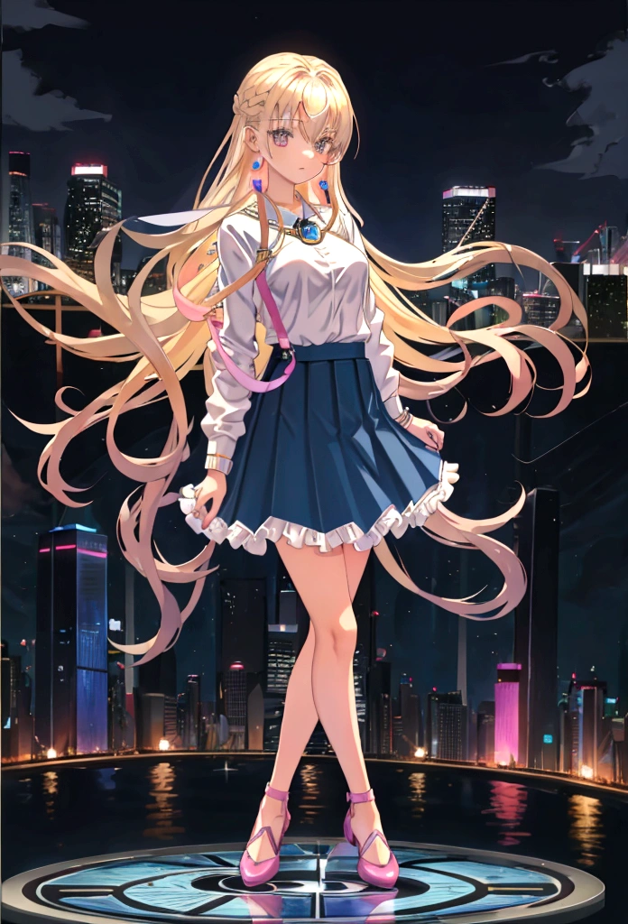 Eyecolor: Blue, Haircolor: Blond, : 15,eight: 165 cm, Weight: 59 kg, Skirt: blue left-open-side mini-skirt, Top: Light pink Sleeveless shirt, Jacket: Denim Jacket, Shoe's: White sneakers with pink accents, Watch: Apple Watch Ultra 2 (Wearing on Left Arm)