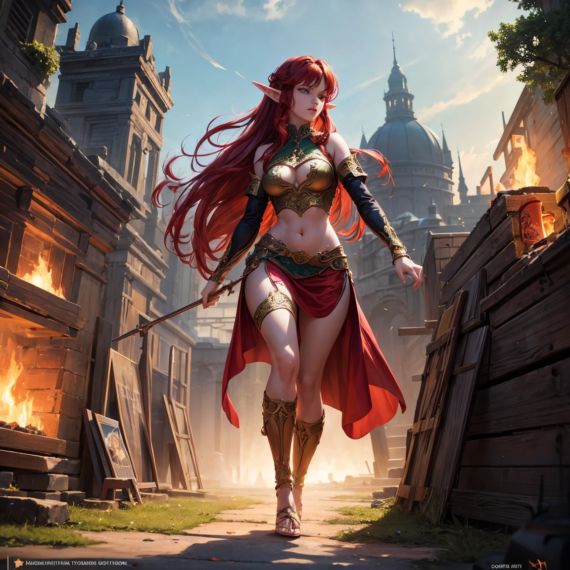 a woman, 1girl, elf, redhead long hair, breasts, long pointed ears, green eyes!!!, serious face, sexy red crop top, deep neckline, sexy red skirt, fire magic, full body, full body, tent, very sexy body, detailed face, beautiful detailed eyes, beautiful detailed lips, extremely detailed eyes and face, long eyelashes, detailed clothing, intricate details, highly detailed, photo realistic, 8k, best quality, masterpiece, cinematic lighting, dramatic lighting, vibrant colors, fantasy, digital art, concept art