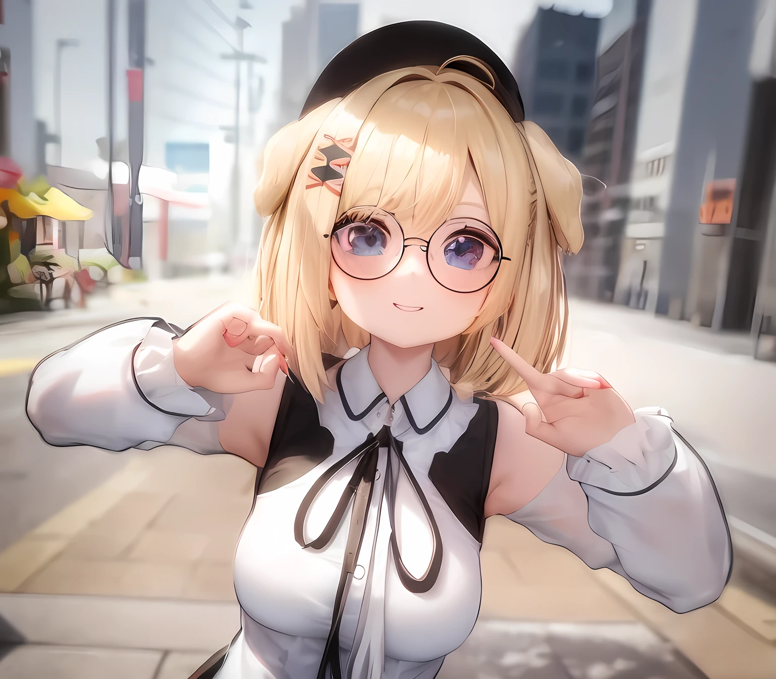 blonde anime girl in a short black skirt and white shirt with blue eyes, wearing round glasses, have a cute brown dog ears, cute smile, look at camera, render of a cute 3d anime girl, anime styled 3d, hanayamata, small curvy , realistic anime 3 d style, 3d anime girl, anime moe artstyle, vrchat, , anime style. 8k, stylized anime, render of april, shikamimi, at a park