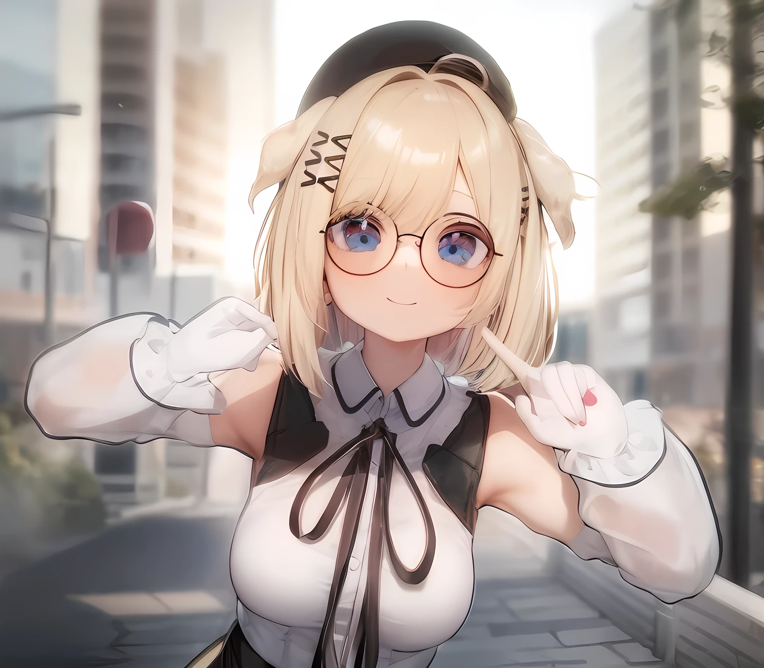 blonde anime girl in a short black skirt and white shirt with blue eyes, wearing round glasses, have a cute brown dog ears, cute smile, look at camera, render of a cute 3d anime girl, anime styled 3d, hanayamata, small curvy , realistic anime 3 d style, 3d anime girl, anime moe artstyle, vrchat, , anime style. 8k, stylized anime, render of april, shikamimi, at a park