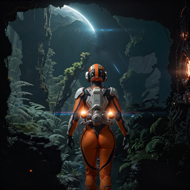 Masterpiece, highest quality, rear angle, Highly detailed photo of a (female space soldier wearing orange and white space suit, helmet, with tinted face shield, rebreather, accentuated booty), athletic body, big ass, [wide hips], (investigating a strange glowing alien artifact), on alien exoplanet, (mountains:1.1), (exotic rain forest), lush vibrant foliage, (two moons in the sky:0.8), (hyperdetailed, intricately detailed), background by Jessica Rossier, (sci-fi), during the day, (lens flare:0.5), (bloom:0.6), particle effects, (cinematic lighting:1.1), sharp shadows, ambient light, [bioluminescente], raytracing, photographed on a Fujifilm X-S10 Mirrorless Camera, 25mm F2.8 ultra-wide-angle lens, sharp focus, Cinestill 800T, still frame from Gravity 2013, 8k, HDR, from behind