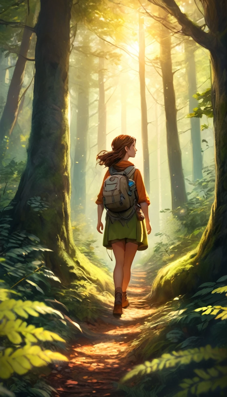 Absurd, High resolution, Super detailed, Mysterious forest background, Enchanted Forest Environment, Realistic Style, Skilled artistry, Perfect composition, 4K resolution, Enchanting, Complex leaves, Speckled sunlight, Hidden Path, Quiet atmosphere, Lonely female explorer.