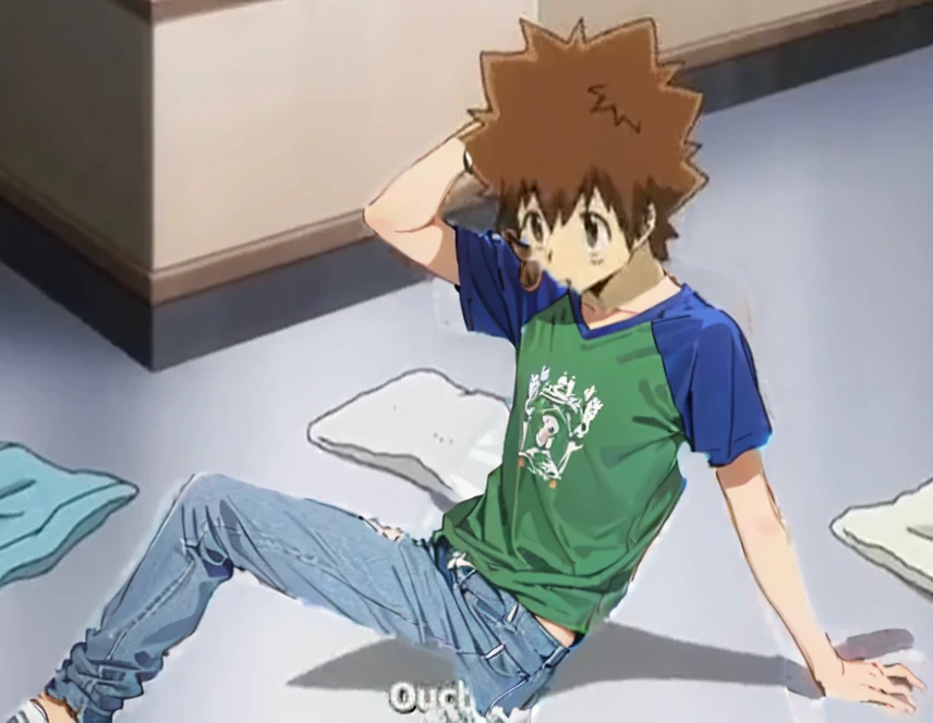 Green t shirt, blue jeans, Raglan slevess, long pants,